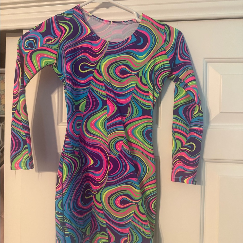 Custom Made NEON UV Glow Swirl Print Long Sleeve Bodycon Dress XXS